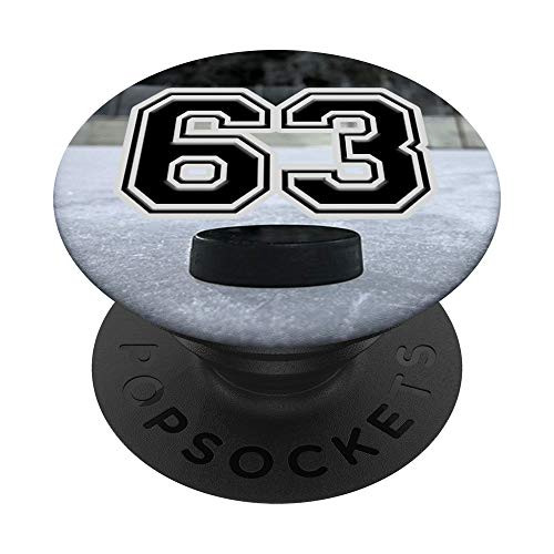 Ice Hockey Custom Jersey Number 63 sixty three Puck on Rink PopSockets Grip and Stand for Phones and Tablets