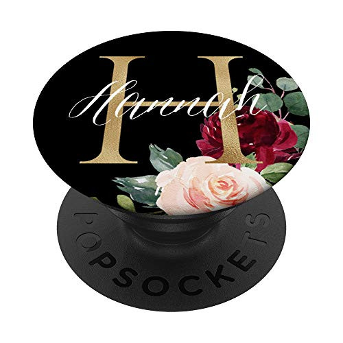 Hannah First Name Initial H on Black Floral background PopSockets Grip and Stand for Phones and Tablets