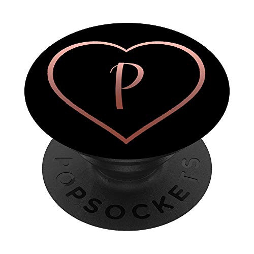Rose Pink Heart Letter P Initial Monogram Black Cute PopSockets Grip and Stand for Phones and Tablets