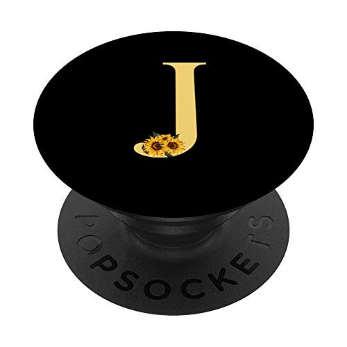 Black Sunflower Yellow Monogram Letter J PopSockets Grip and Stand for Phones and Tablets