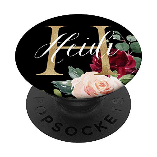 Heidi First Name Initial H on Black Floral background PopSockets Grip and Stand for Phones and Tablets