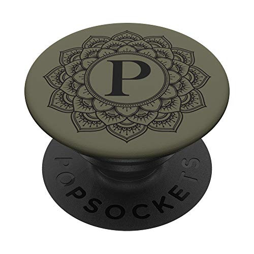 Black Olive Green Monogram Letter P Initial Mandala Flower PopSockets Grip and Stand for Phones and Tablets