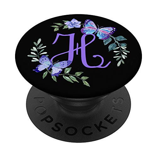H Initial Butterfly Monogram Letter Butterflies Purple Black PopSockets Grip and Stand for Phones and Tablets