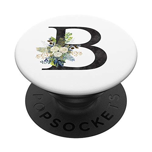 Initial B Letter Floral Monogram Black on White - B PopSockets Grip and Stand for Phones and Tablets