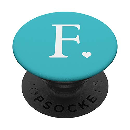 Heart White Letter F Initial Monogram Baby Blue Teal Cute PopSockets Grip and Stand for Phones and Tablets