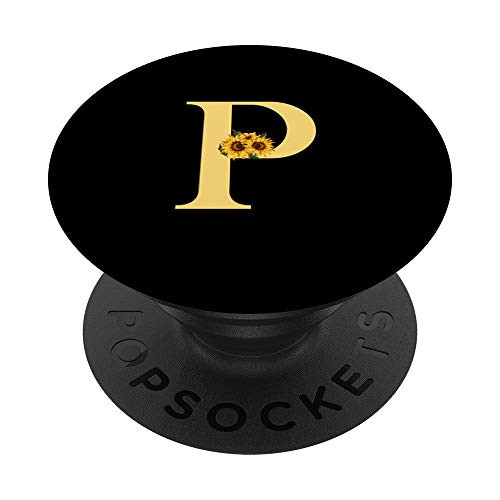 Black Sunflower Yellow Monogram Letter P PopSockets PopGrip Swappable Grip for Phones   Tablets