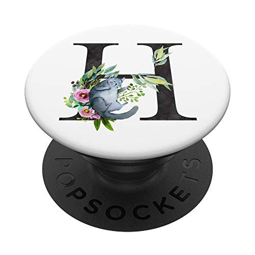 Cat Initial H Letter Rose Flowers Watercolor Monogram - H PopSockets Grip and Stand for Phones and Tablets