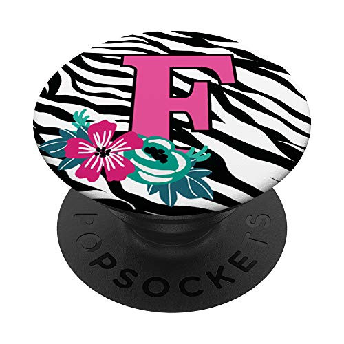 Letter F - Zebra Print - Black and White with Pink Monogram PopSockets Grip and Stand for Phones and Tablets
