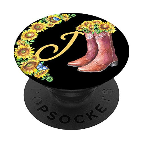 Sunflower Cowboy Boots Country Music Monogram Initial J Gift PopSockets Grip and Stand for Phones and Tablets