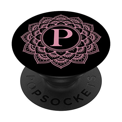 Pink Black Mandala Flower Monogram Letter P Initial PopSockets Grip and Stand for Phones and Tablets