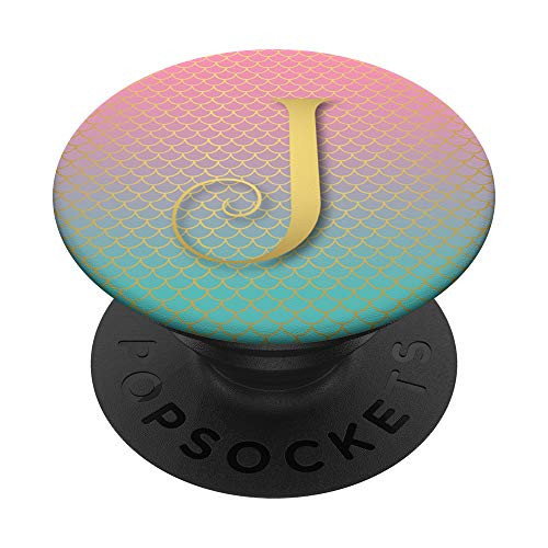 Monogram Letter J with Pink   Teal Mermaid Scales PopSockets PopGrip Swappable Grip for Phones   Tablets