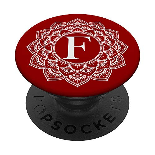 Silver White Red Flower Monogram Letter F Initial Mandala PopSockets Grip and Stand for Phones and Tablets