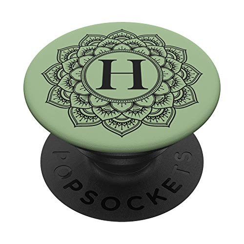Black Matcha Green Monogram Letter H Initial Mandala Flower PopSockets Grip and Stand for Phones and Tablets