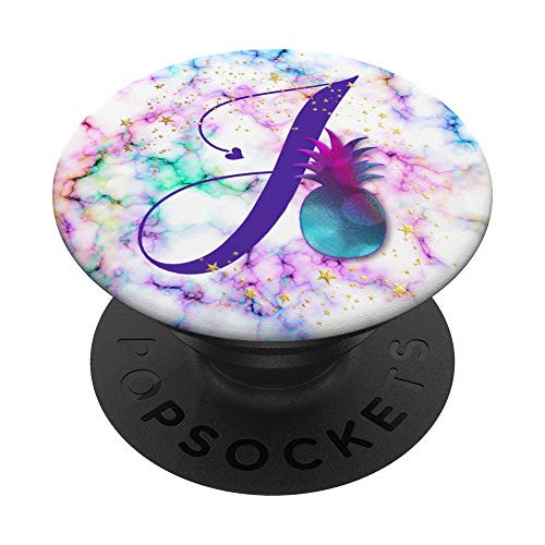 Purple Letter J Initial Watercolor Pineapple Monogram PopSockets Grip and Stand for Phones and Tablets