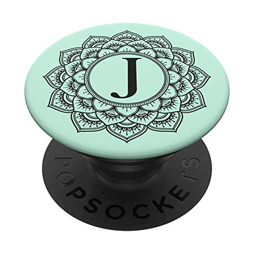 Black Mint Green Monogram Letter J Initial Mandala Flower PopSockets Grip and Stand for Phones and Tablets