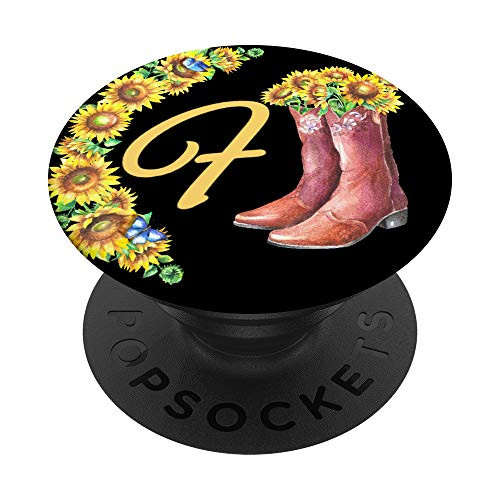 Sunflower Cowboy Boots Country Music Monogram Initial F Gift PopSockets Grip and Stand for Phones and Tablets