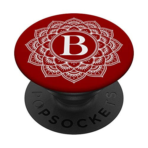 Silver White Red Flower Monogram Letter B Initial Mandala PopSockets Grip and Stand for Phones and Tablets