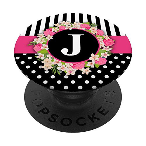Polka Dots Stripes Pink Roses Monogram - Initial Letter J PopSockets Grip and Stand for Phones and Tablets