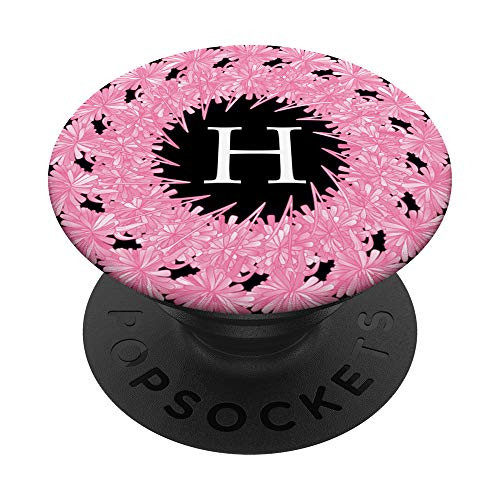 Cell Phone Pop Out HolderPink Floral Flowers Letter H Black PopSockets Grip and Stand for Phones and Tablets