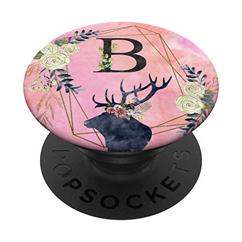Initial B Letter Floral Boho on Rose Pink Watercolor - Deer PopSockets Grip and Stand for Phones and Tablets