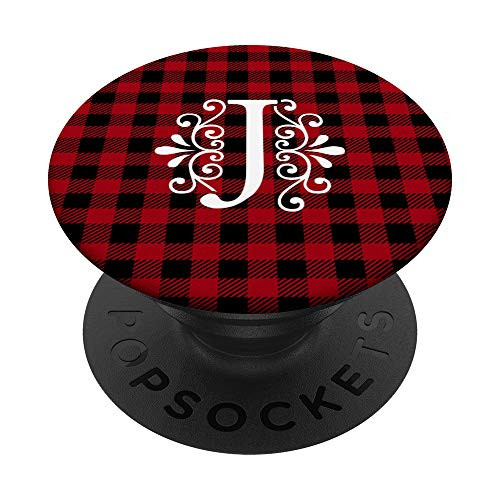 Letter J Initial Monogram Red Black Buffalo Plaid PopSockets PopGrip Swappable Grip for Phones   Tablets