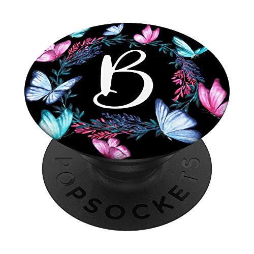 White Letter B Initial Monogram Pink Purple Teal Butterfly PopSockets Grip and Stand for Phones and Tablets