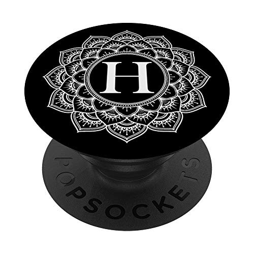 Black Floral White Flower Monogram Letter H Initial Mandala PopSockets Grip and Stand for Phones and Tablets