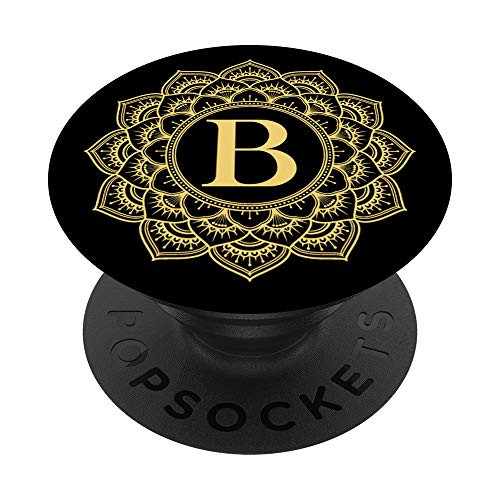 Sunflower Yellow Black Mandala Monogram Letter B Initial PopSockets Grip and Stand for Phones and Tablets