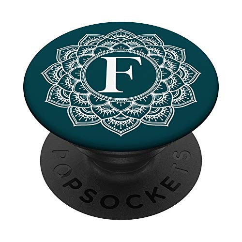 Blue Green Mandala Flower Black Monogram Letter F Initial PopSockets Grip and Stand for Phones and Tablets