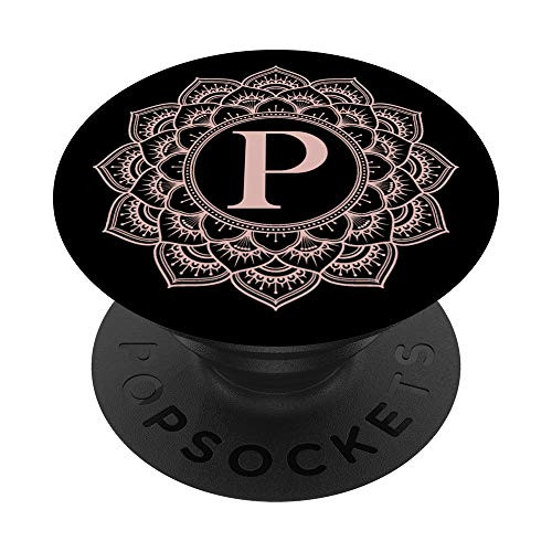 Black Rose Pink Monogram Letter P Initial Mandala Design PopSockets Grip and Stand for Phones and Tablets