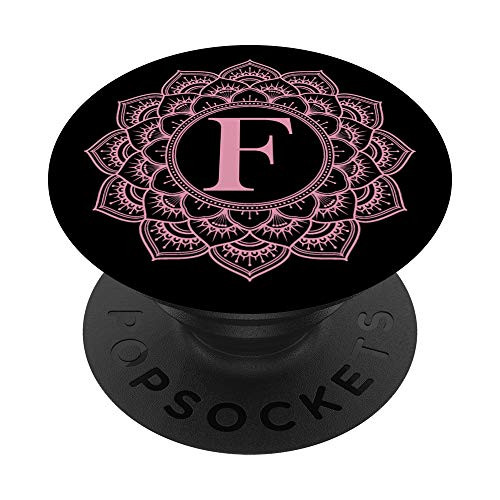 Pink Black Mandala Flower Monogram Letter F Initial PopSockets Grip and Stand for Phones and Tablets