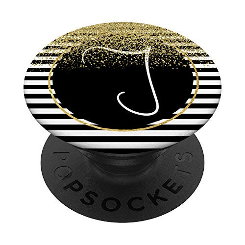 Monogram J Chic Black and White Stripe Patterned PopSockets Grip and Stand for Phones and Tablets