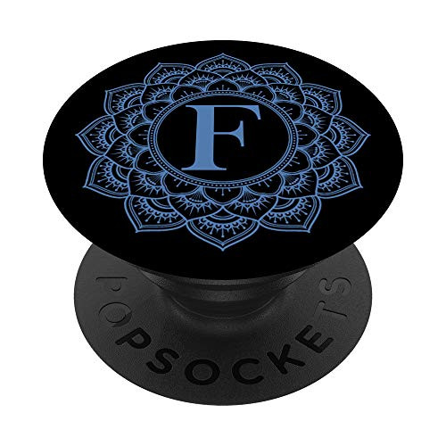 Dark Blue Mandala Flower Black Monogram Letter F Initial PopSockets Grip and Stand for Phones and Tablets