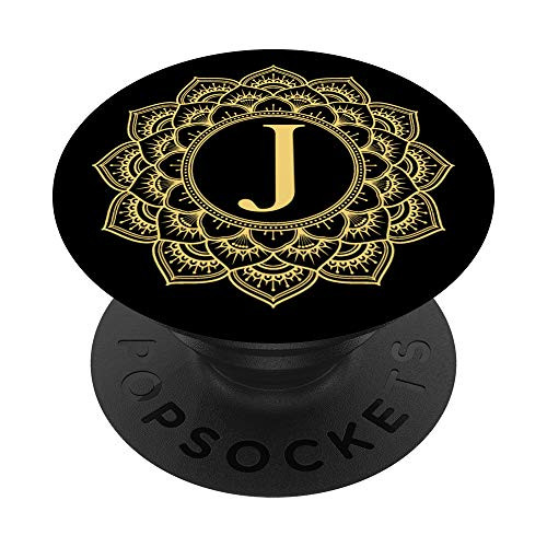 Sunflower Yellow Black Mandala Monogram Letter J Initial PopSockets Grip and Stand for Phones and Tablets