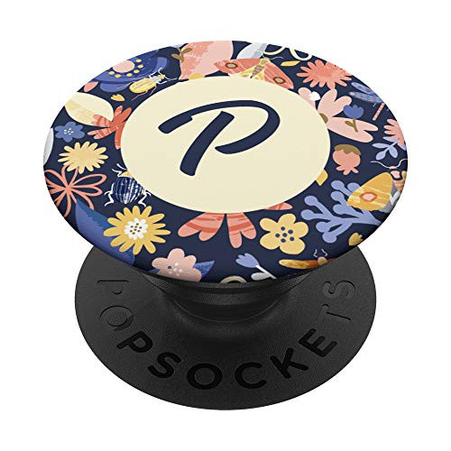 Pretty Initial Letter P Monogram on Floral Pattern PopSockets Grip and Stand for Phones and Tablets