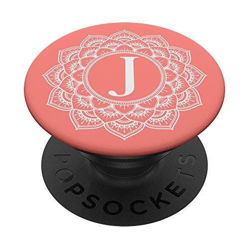 White Coral Pink Flower Monogram Letter J Initial Mandala PopSockets Grip and Stand for Phones and Tablets