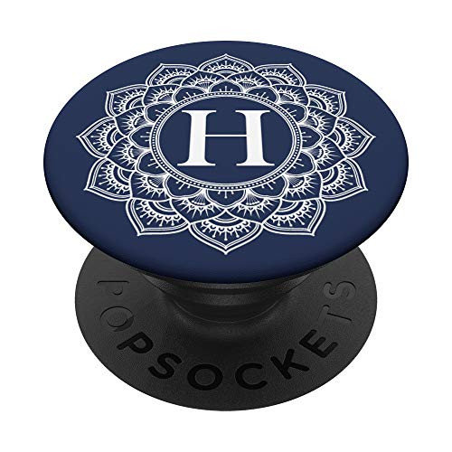 Navy Blue Mandala Flower White Monogram Letter H Initial PopSockets Grip and Stand for Phones and Tablets