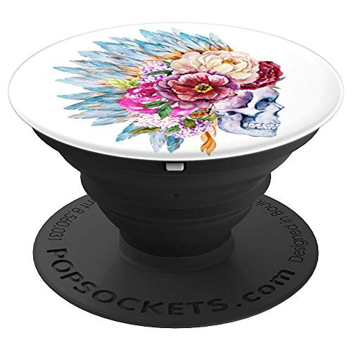 Cute Watercolor Skull  Feathers Flowers Head PopSockets Grip and Stand for Phones and Tablets