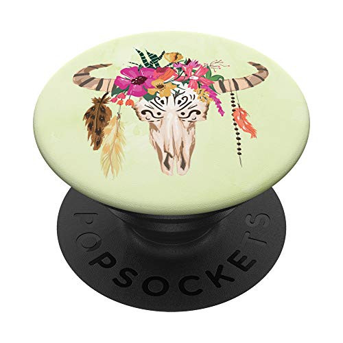 Bull Cow Skull Head Boho Watercolor Green PopSockets Grip and Stand for Phones and Tablets