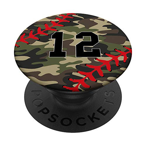 Baseball Softball Number 12 Jersey Uniform Gift Camouflage PopSockets Grip and Stand for Phones and Tablets