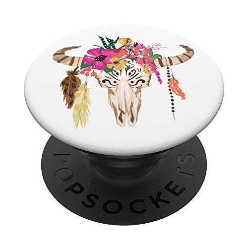 Bull Cow Skull Head Boho Watercolor White PopSockets Grip and Stand for Phones and Tablets