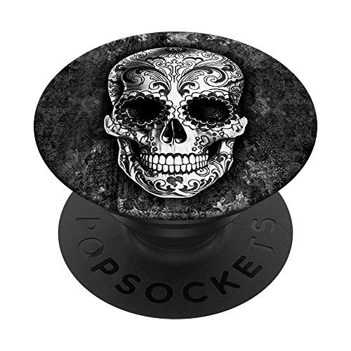 Black Sugar Skull Skeleton Head Flowers Floral Bones PopSockets Grip and Stand for Phones and Tablets