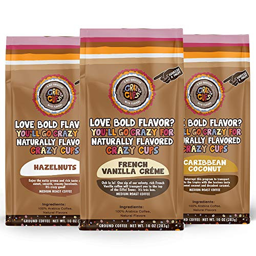 Crazy Cups Flavored Ground Coffee Variety Pack Includes French Vanilla Crème Caribbean Coconut and Hazelnuts in 10 oz Bags For Brewing Flavored Hot or Iced Coffee Variety 3 Pack Crazy Cups Flavored Ground Coffee Variety Pack Includes French Vanilla Crème Caribbean Coconut and Hazelnuts in 10 oz Bags For Brewing Flavored Hot or Iced Coffee Variety 3 Pack