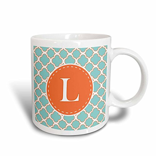 3dRose 210613_6 Letter K Monogram Orange And Blue Quatrefoil Pattern Mug 11 oz
