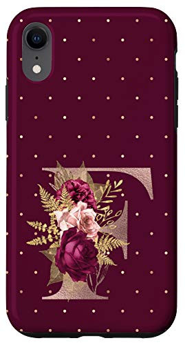 iPhone XR Maroon floral Initial Letter F monogram blush flowers Case