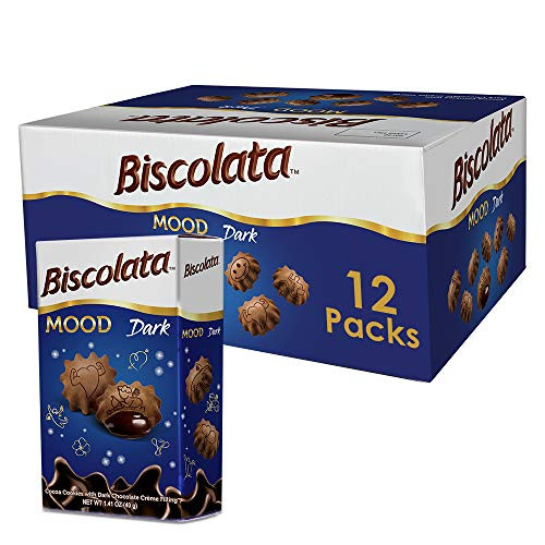 Biscolata Mood Cookies with Chocolate Filling Snacks - 12 Packs Crispy Cookie Shell Filled with Dark Chocolate