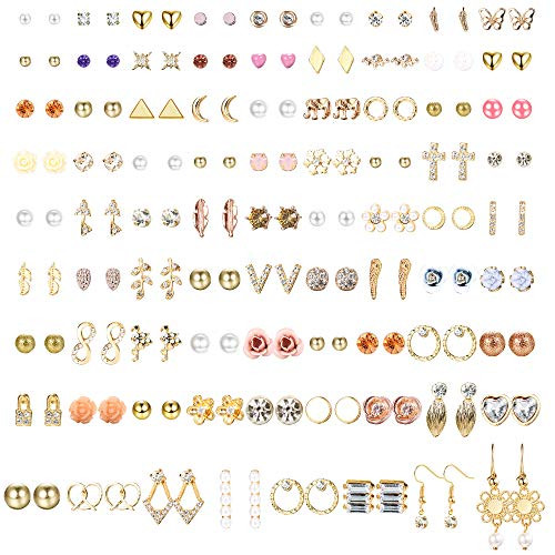 LOYALLOOK 80 Pairs Assorted Multiple Stud Earrings for Women Simple Cute Flower Moon Star Heart Studs Geometric Leaf CZ Ball Faux Pearl Infinity Snowflake Earrings Set