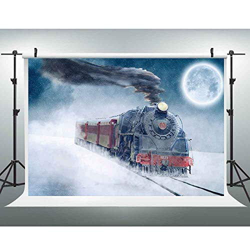 EOA 7W x5H FT Christmas Train Backdrop for Party Polar Express Winter Xmas Photography Background Moon Snowflake Banner Photo Booth Studio Props