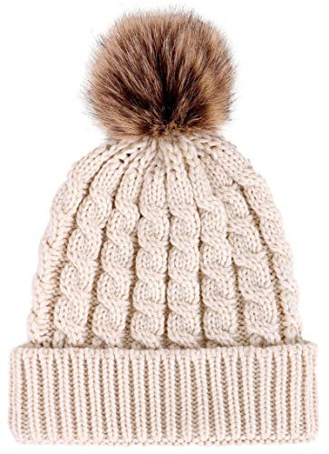 Livingston Womens Winter Soft Knitted Beanie Hat with Faux Fur Pom Pom Cream