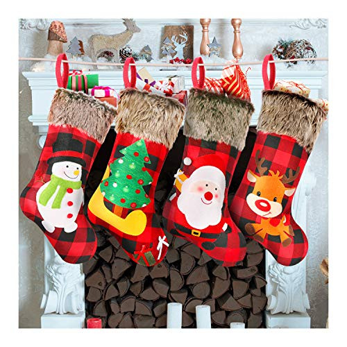 Christmas Stockings 18 Large Stockings Burlap Plaid Style with Christmas Tree Santa Snowman Reindeer Fur Cuff Family Decorations 4 Packs